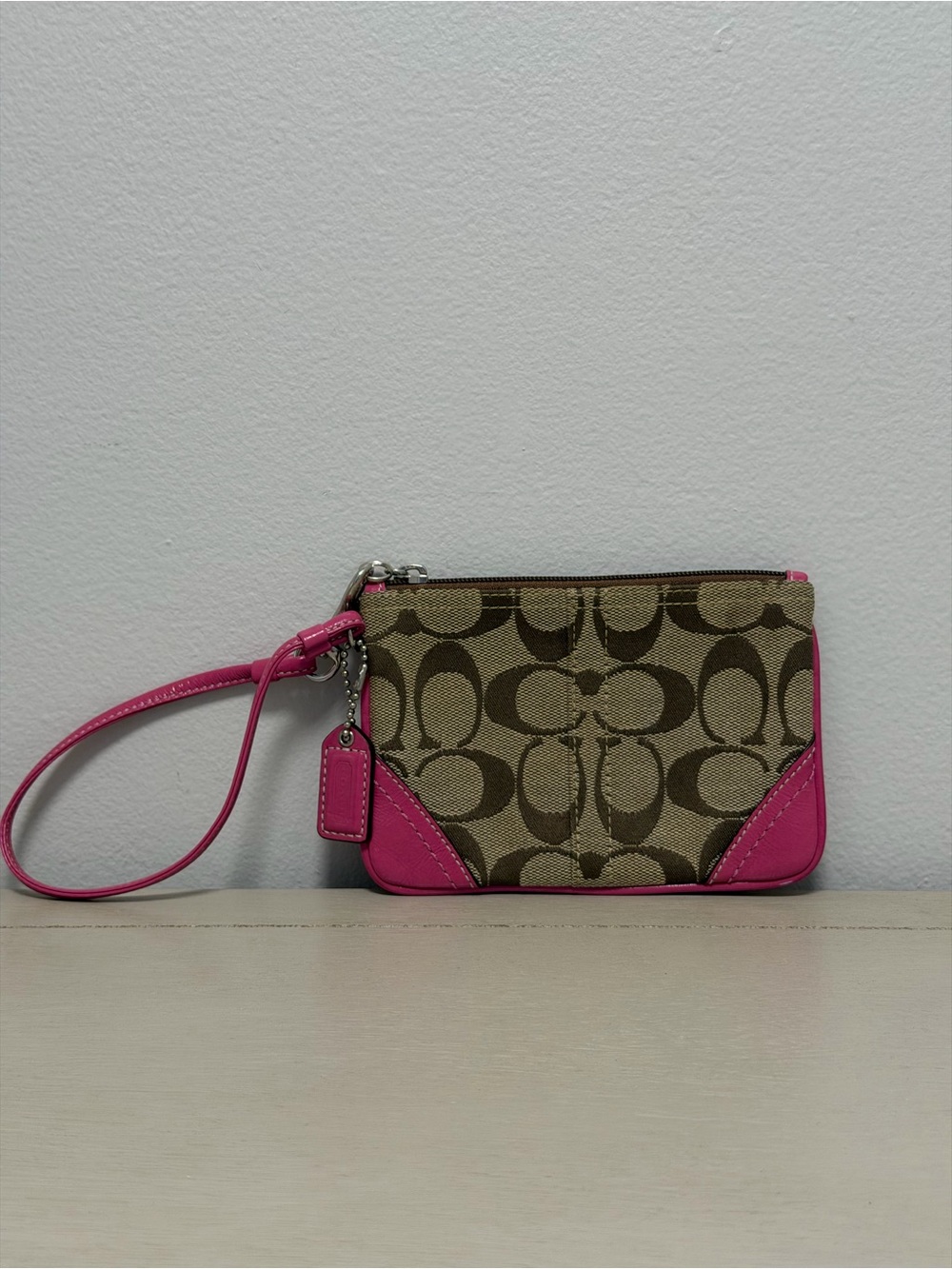 COACH Signature Canvas Wristlet Pink Leather Trim Small Clutch Handbag Pouch Y2K